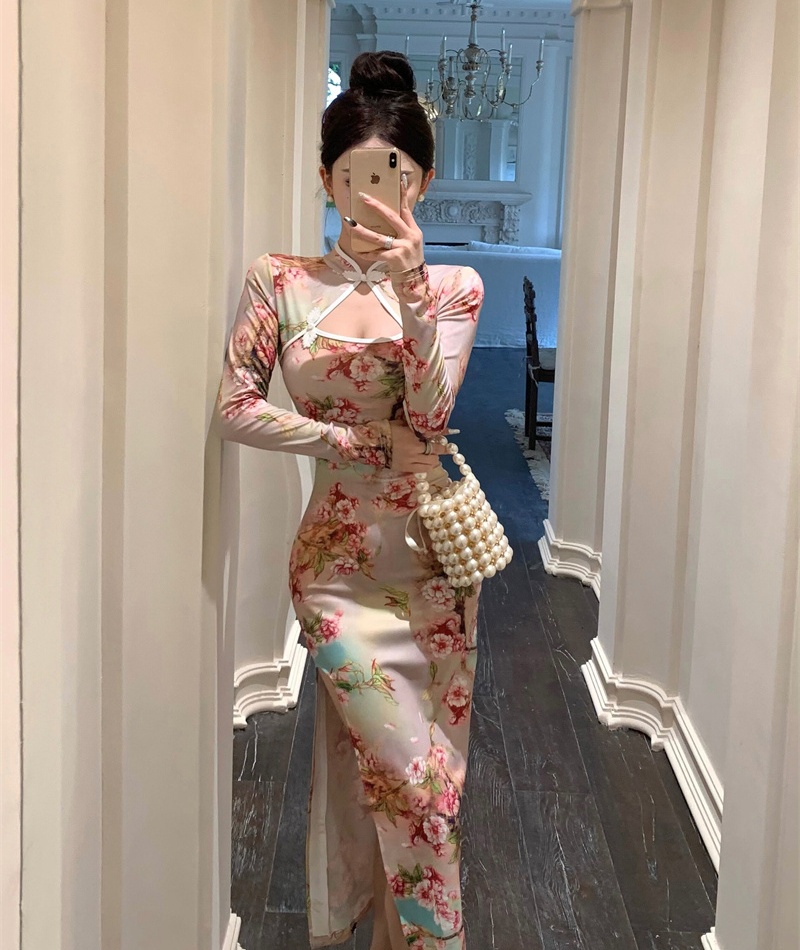 Split retro slim cheongsam autumn printing dress