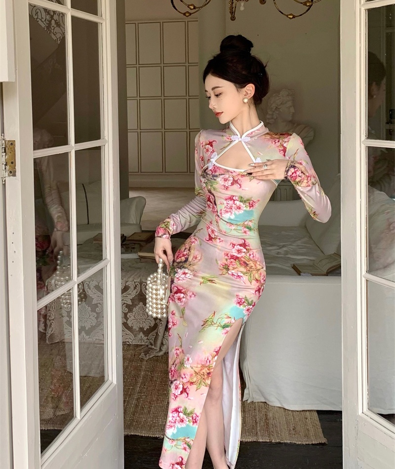 Split retro slim cheongsam autumn printing dress