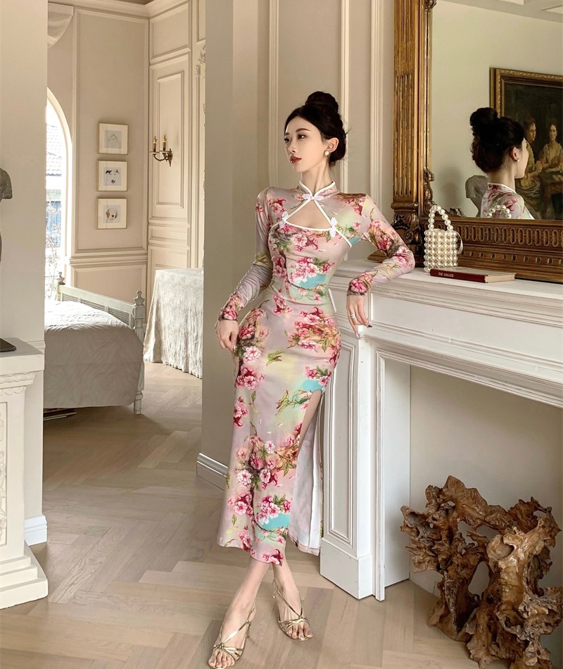 Split retro slim cheongsam autumn printing dress