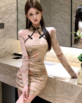 Printing bottoming package hip gauze fold sexy dress