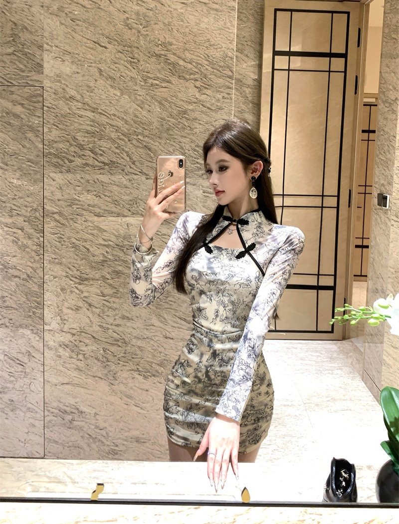 Printing fold bottoming sexy package hip gauze dress