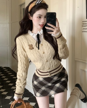 College style plaid bottoming shirt lace cardigan 3pcs set