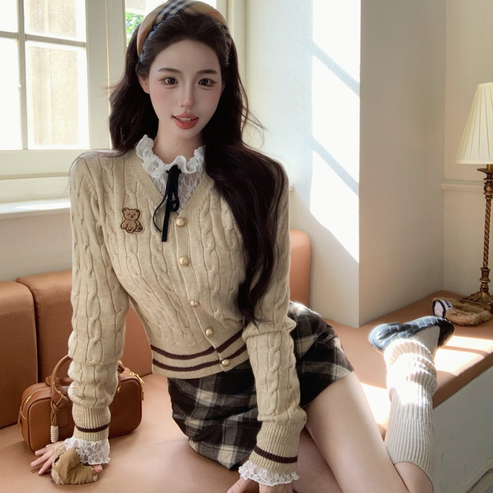 College style plaid bottoming shirt lace cardigan 3pcs set