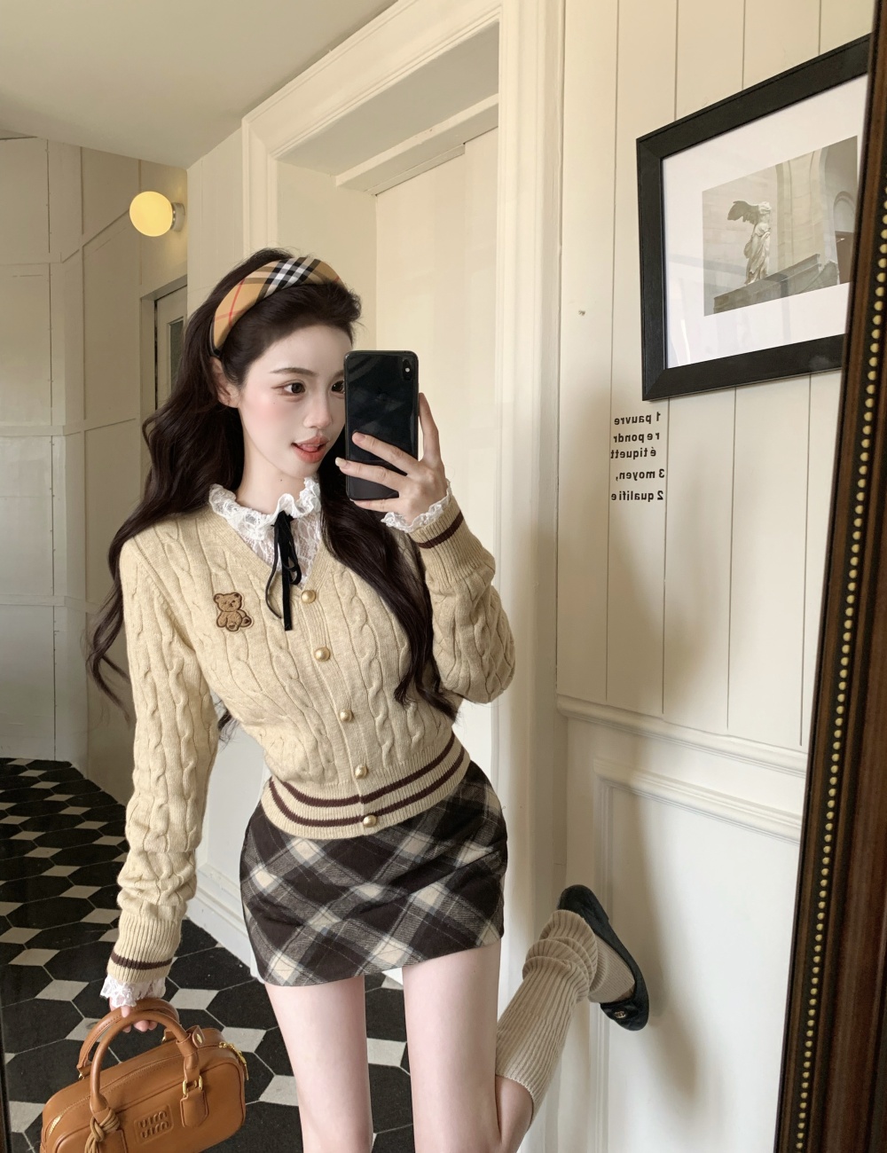 College style plaid bottoming shirt lace cardigan 3pcs set