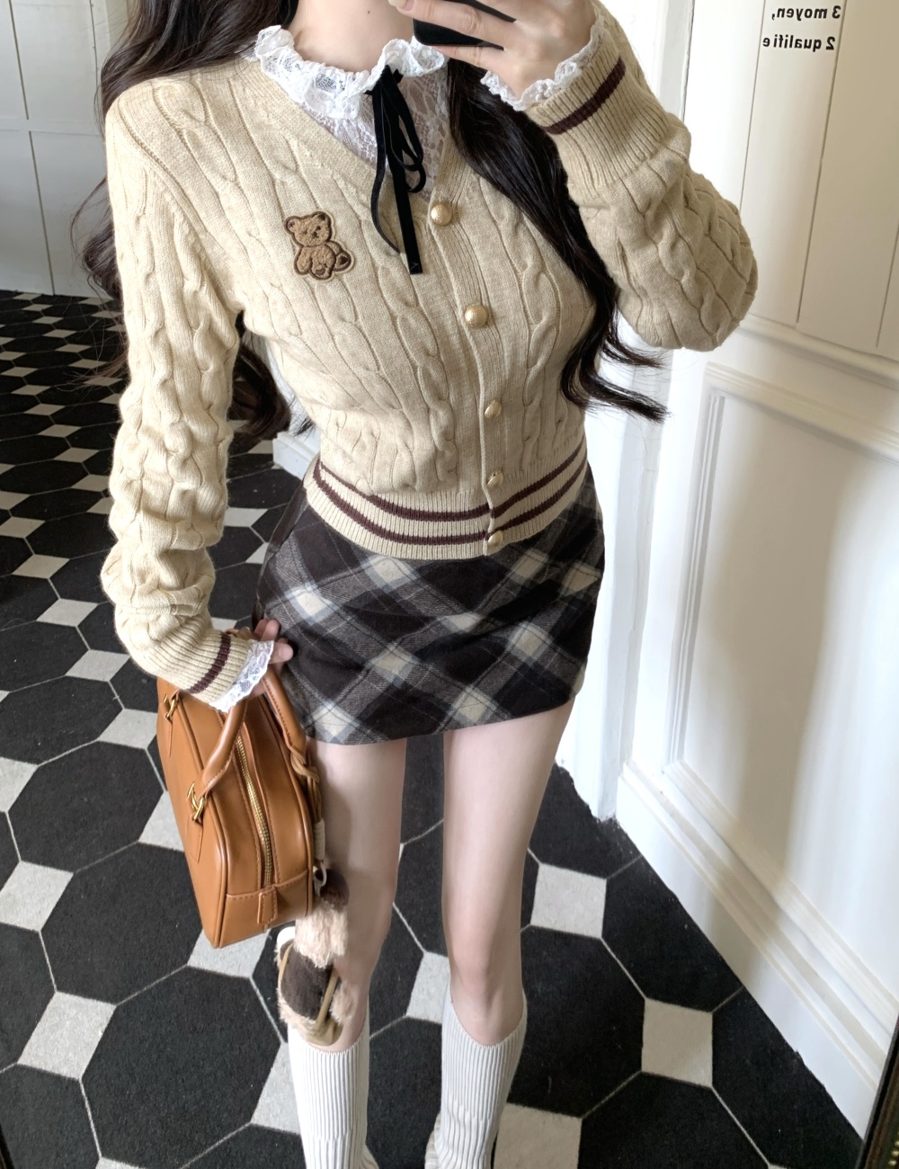 College style plaid bottoming shirt lace cardigan 3pcs set