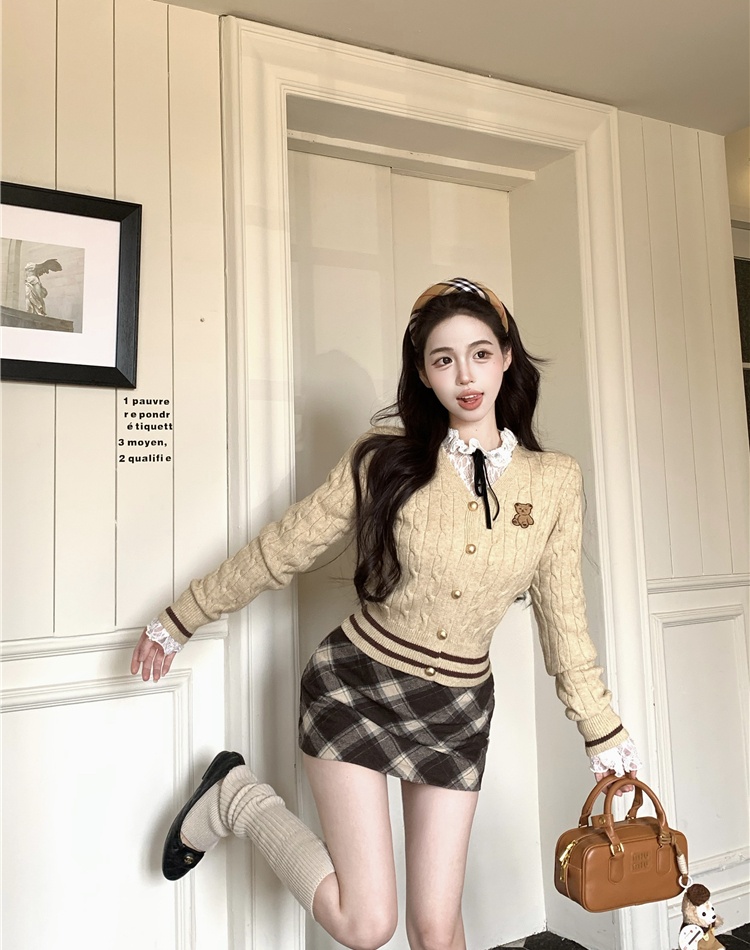 College style plaid bottoming shirt lace cardigan 3pcs set