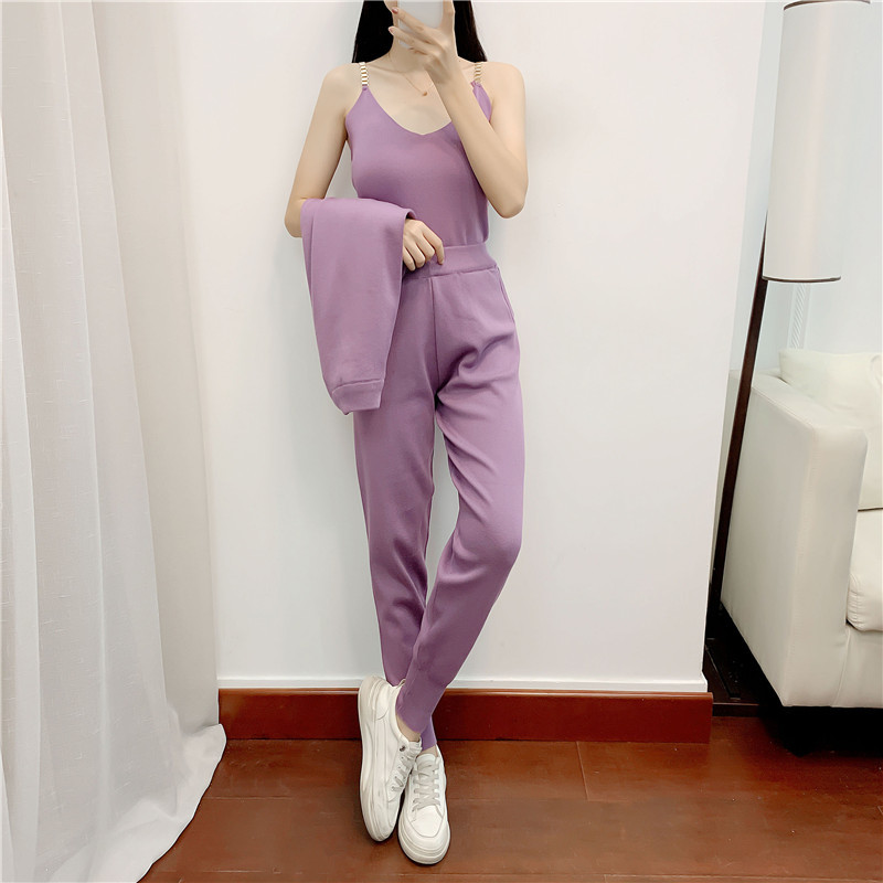 Knitted pants cardigan 3pcs set for women