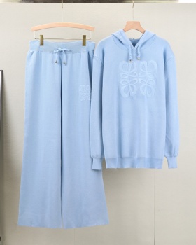 Hooded hoodie show young wide leg pants 2pcs set for women