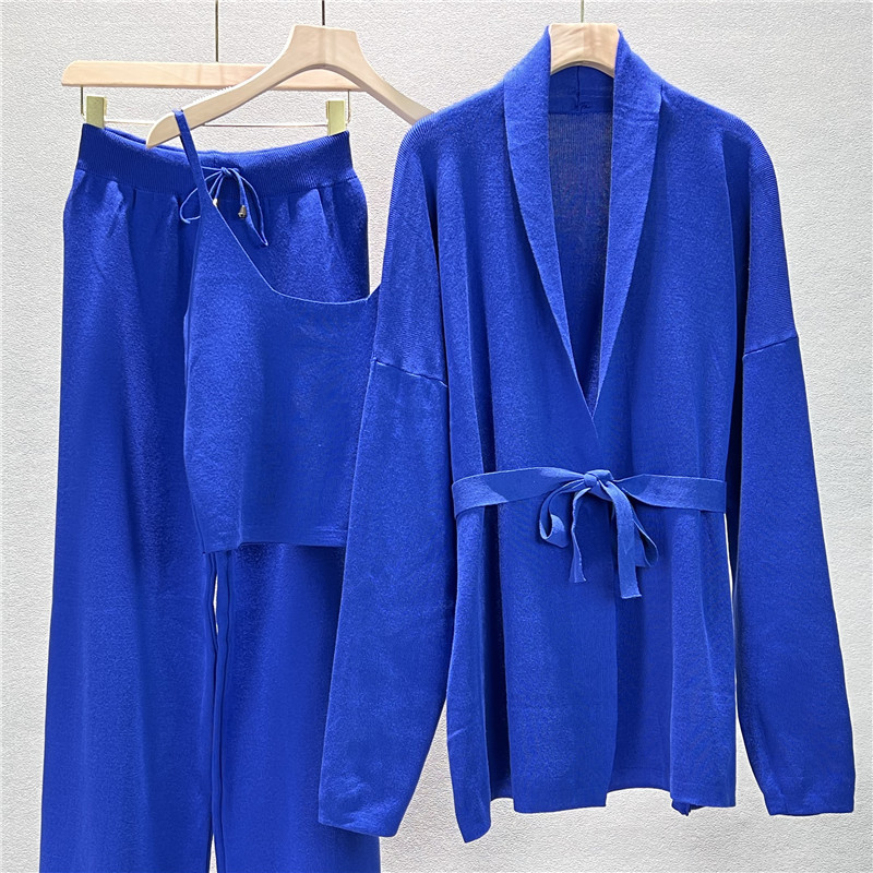 Knitted fashion coat sling wide leg pants 3pcs set for women