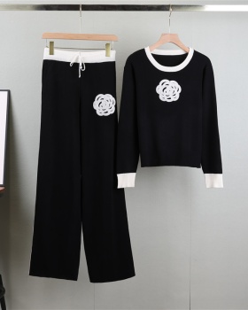 European style sweater wide leg pants 2pcs set for women