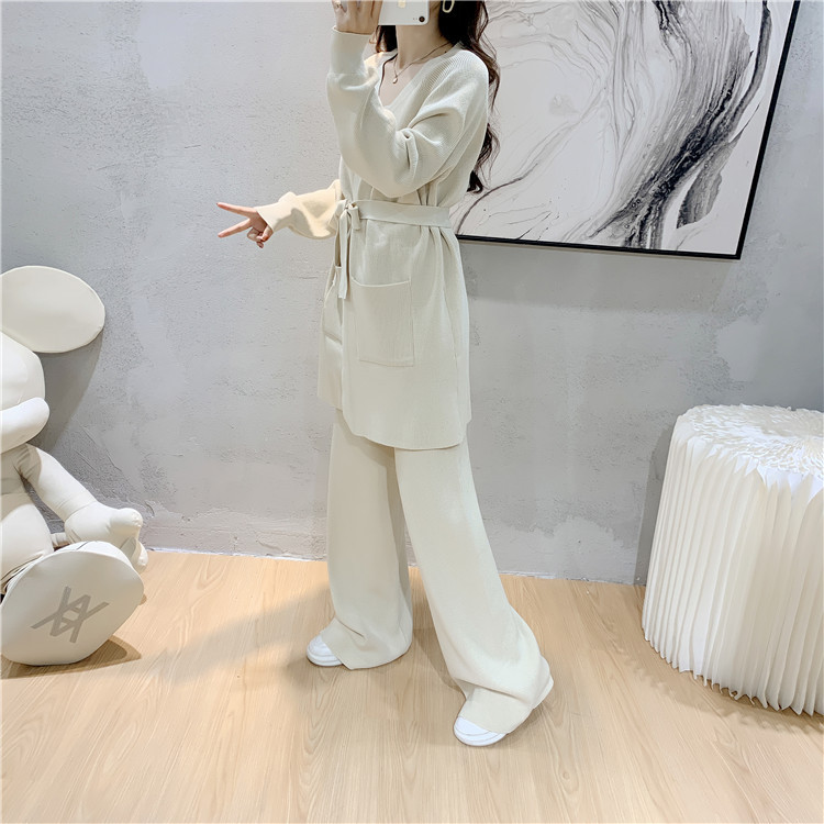 Knitted wide leg pants loose cardigan 2pcs set for women