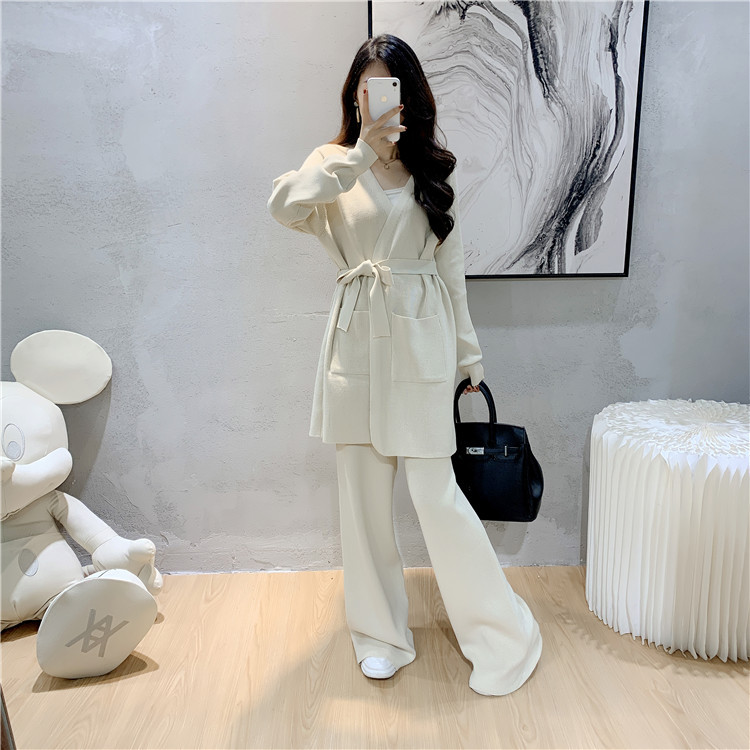 Knitted wide leg pants loose cardigan 2pcs set for women