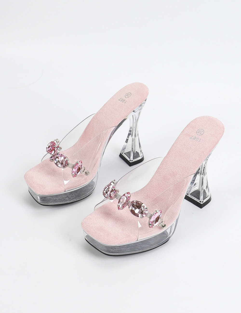 Square head rhinestone model transparent thick crystal sandals