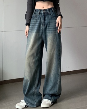 High waist loose navy blue jeans pocket mopping long pants