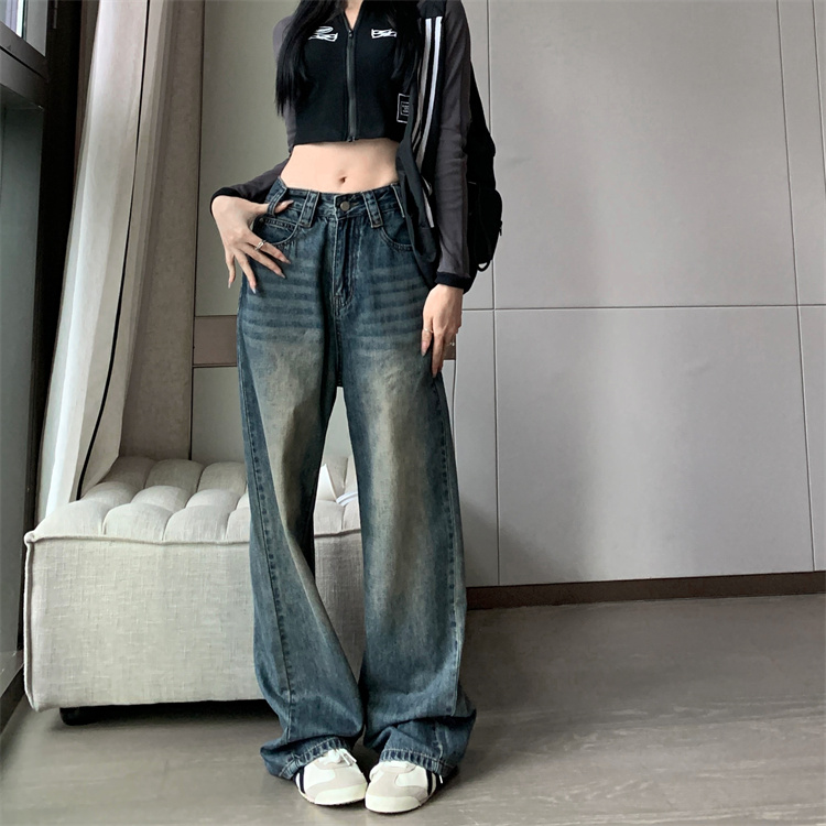 High waist loose navy blue jeans pocket mopping long pants