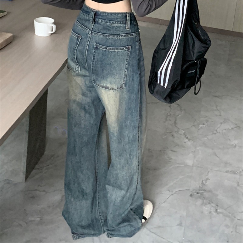 High waist loose navy blue jeans pocket mopping long pants