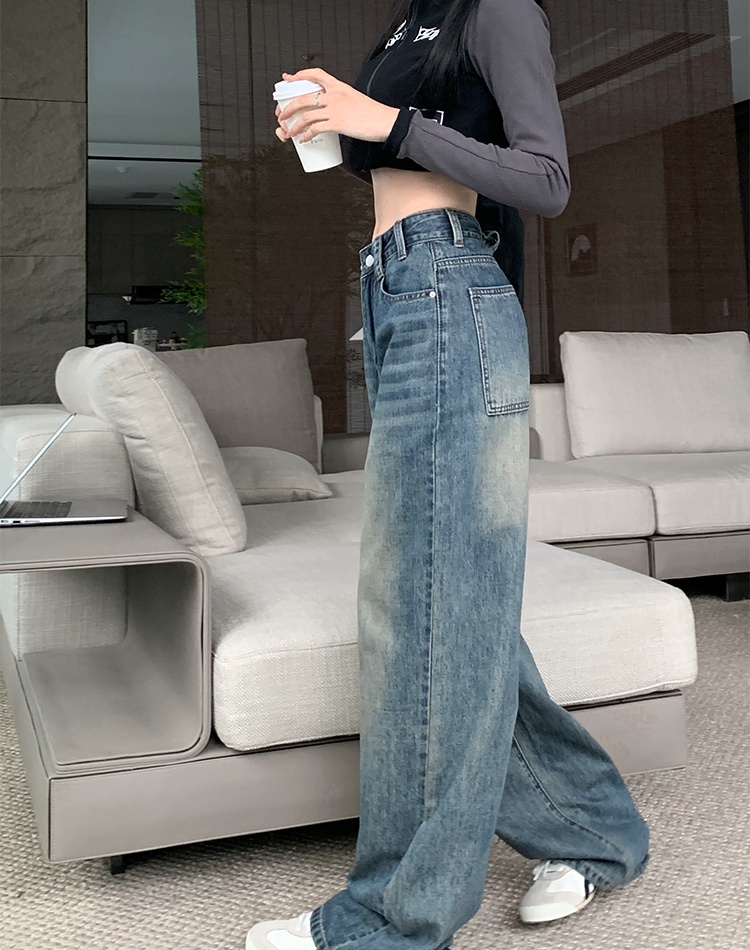 High waist loose navy blue jeans pocket mopping long pants