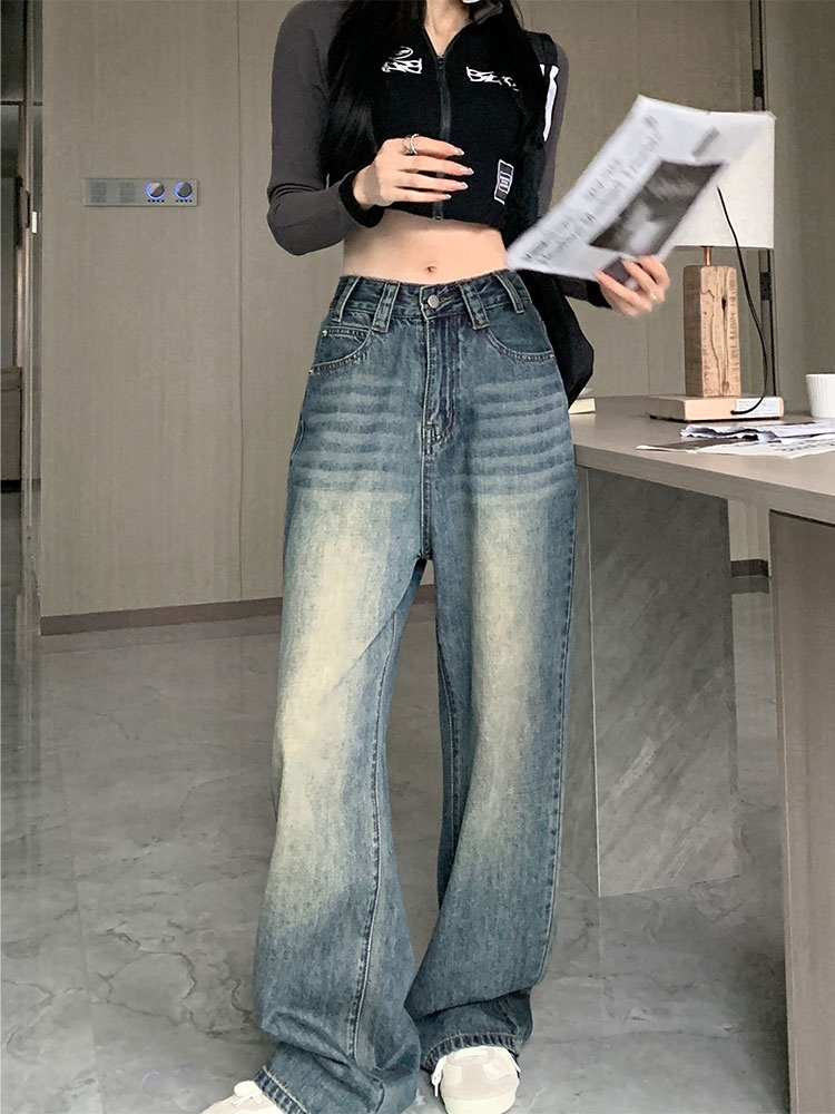 High waist loose navy blue jeans pocket mopping long pants