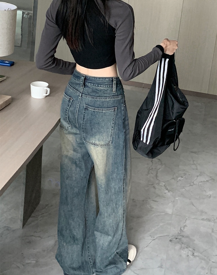 High waist loose navy blue jeans pocket mopping long pants