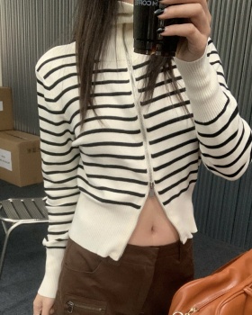 Lapel short coat long sleeve stripe tops for women