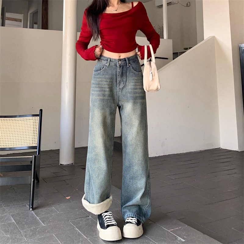 Straight pants jeans plus velvet pants for women