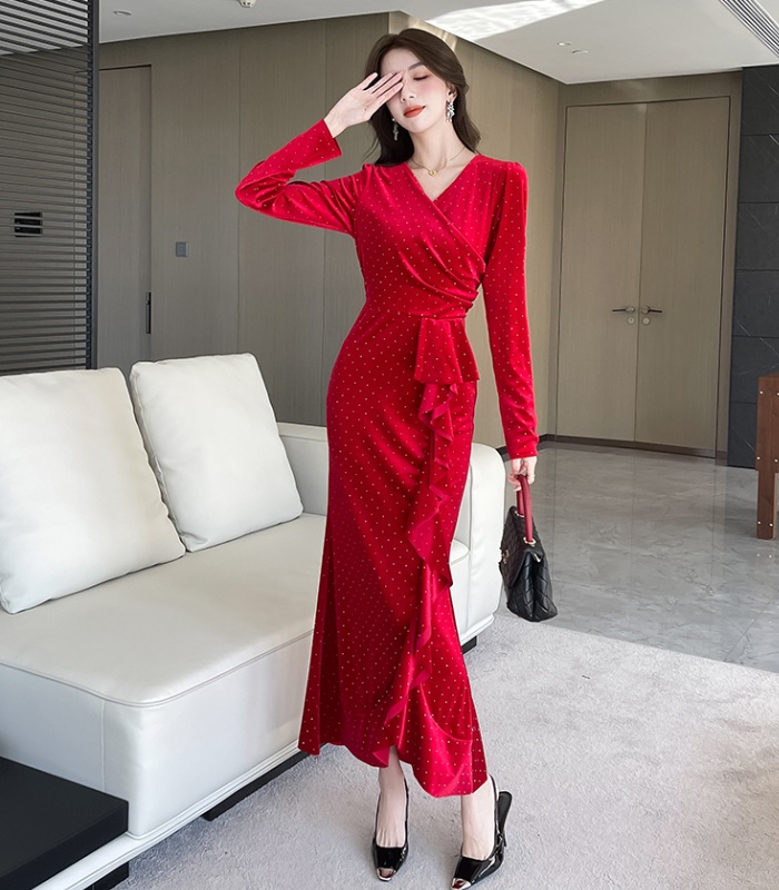 Autumn fashion dress golden velvet long dress