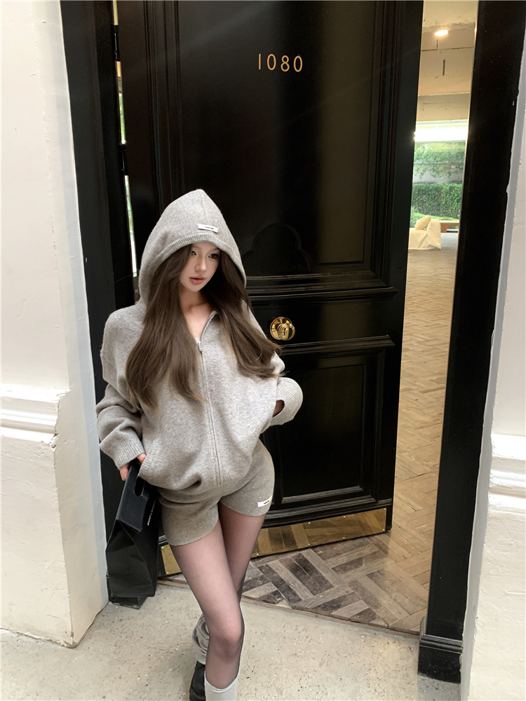 Knitted hooded lazy cardigan loose gray coat a set