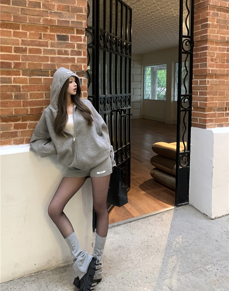 Knitted hooded lazy cardigan loose gray coat a set