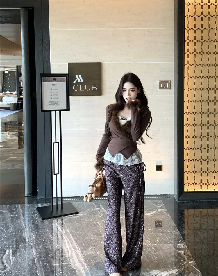 Casual inside the ride long pants leopard cardigan 3pcs set