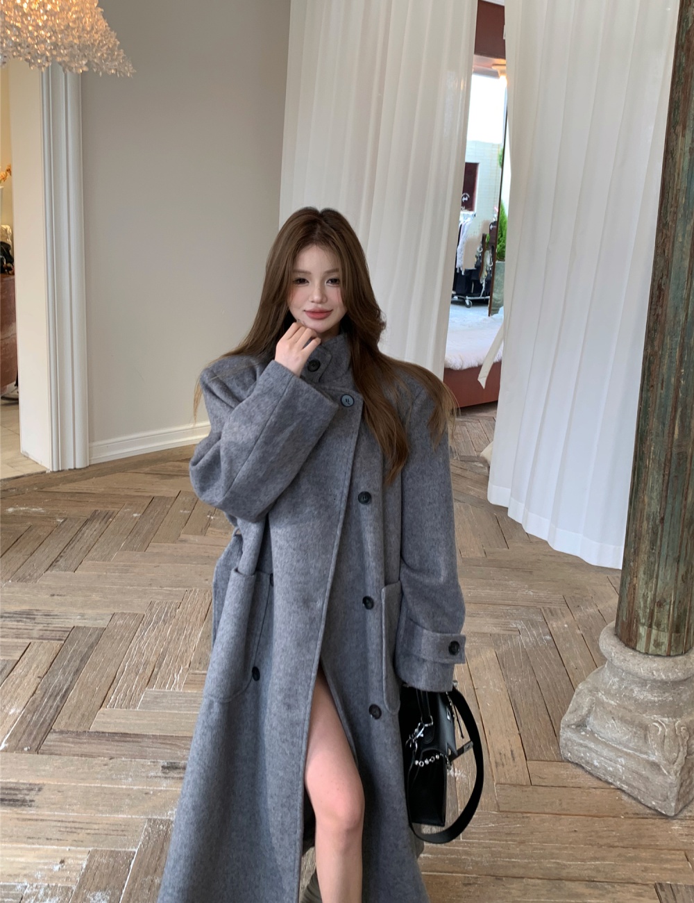 Loose retro woolen coat Korean style long coat for women