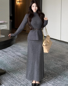 With belt sweater long skirt 2pcs set for women