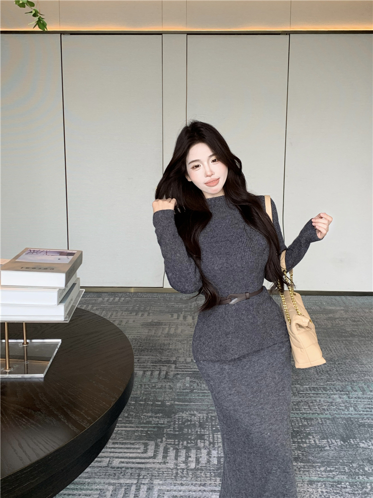 With belt sweater long skirt 2pcs set for women