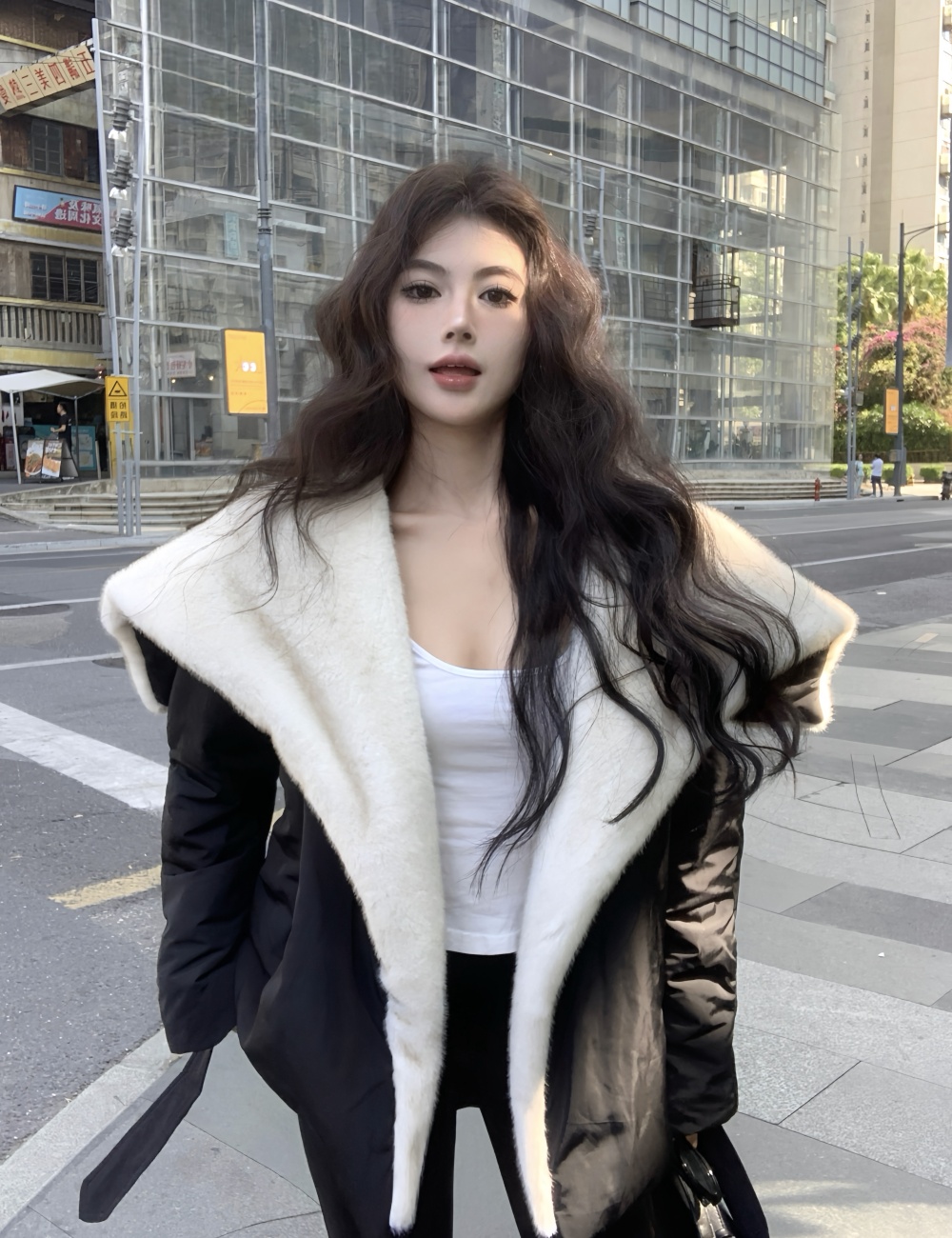 Black fashion winter tops loose large lapel coat for women