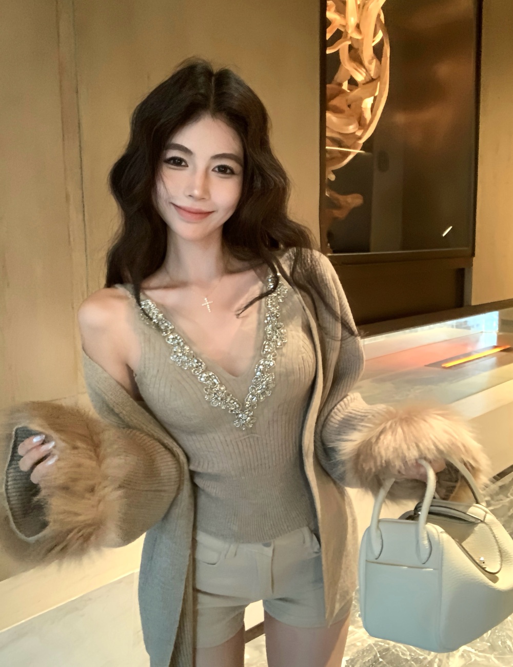 Knitted vest rhinestone cardigan 2pcs set