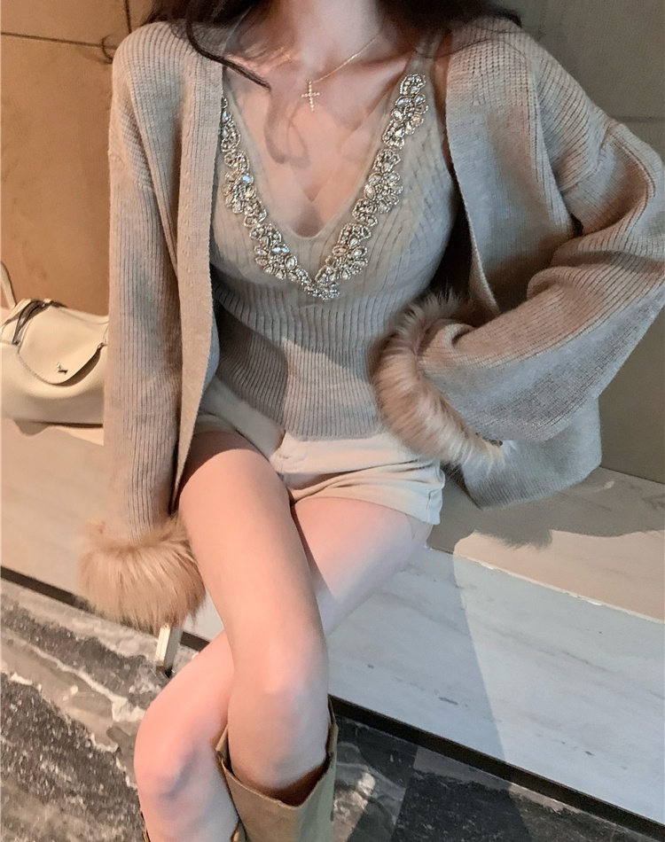 Knitted vest rhinestone cardigan 2pcs set