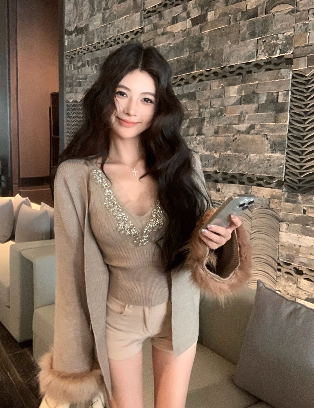 Knitted vest rhinestone cardigan 2pcs set