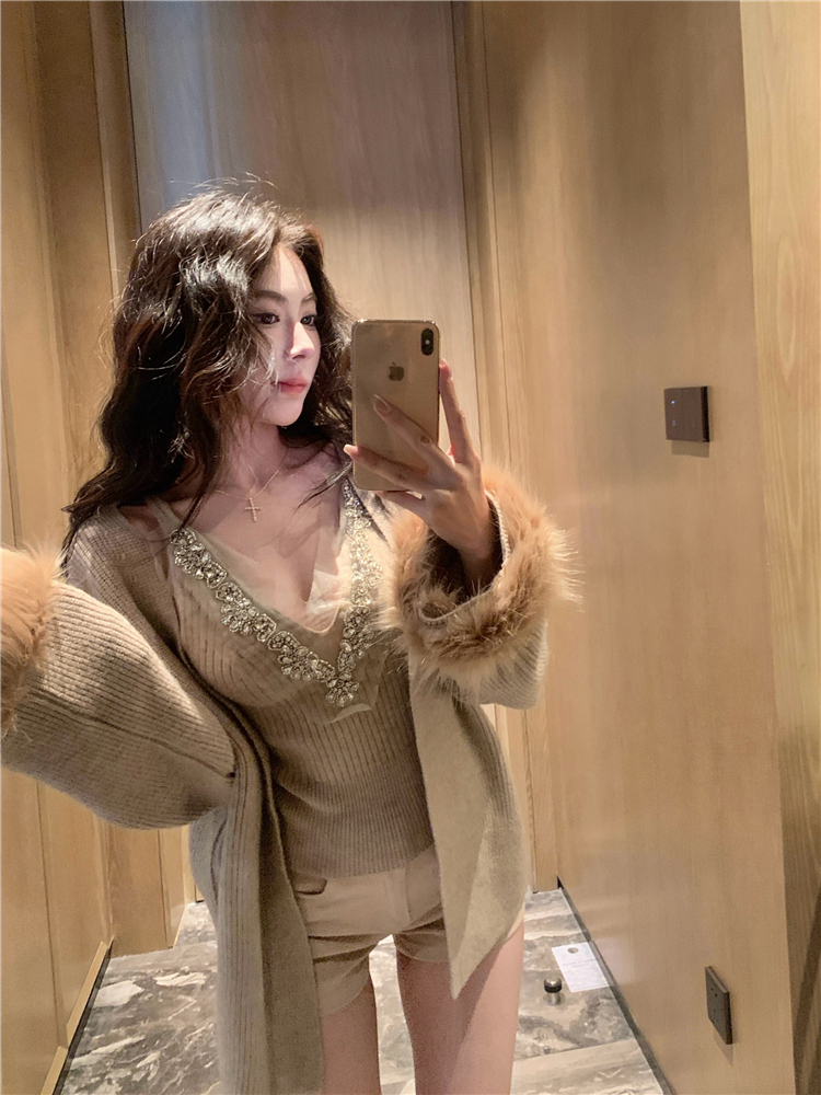 Knitted vest rhinestone cardigan 2pcs set