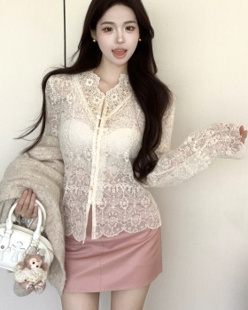 Lace leather skirt embroidery shirts 2pcs set for women