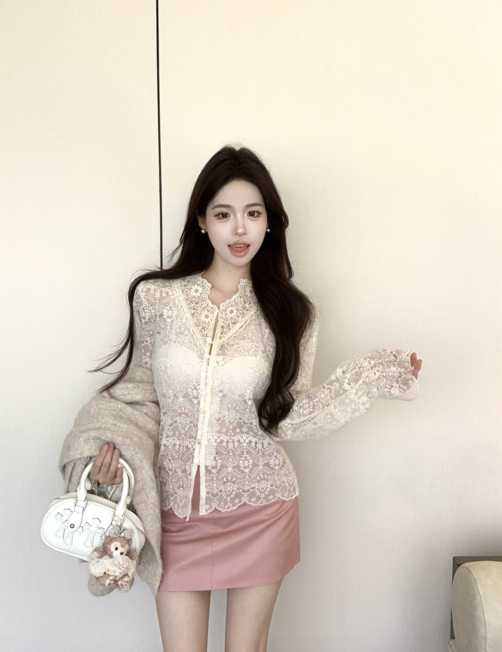 Lace leather skirt embroidery shirts 2pcs set for women