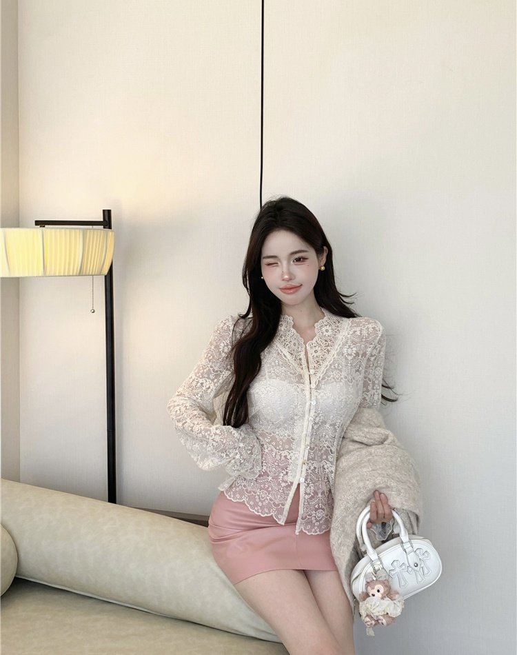 Lace leather skirt embroidery shirts 2pcs set for women