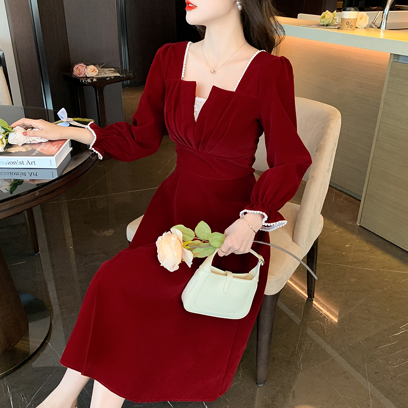 Bride wine-red dress winter evening dress for women