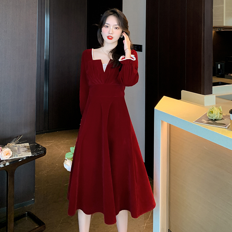 Bride wine-red dress winter evening dress for women