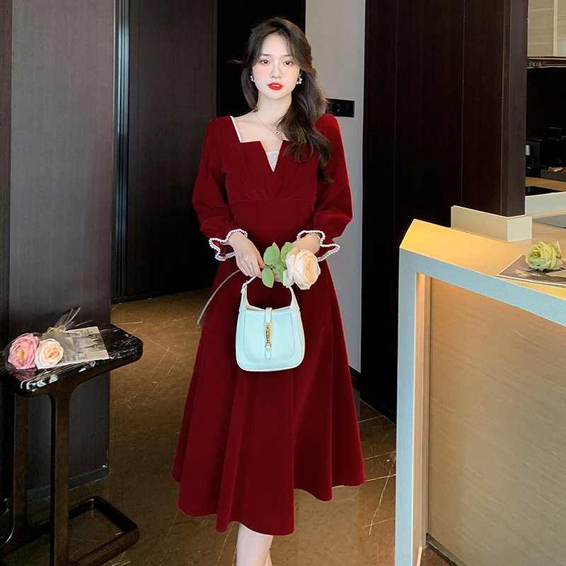 Bride wine-red dress winter evening dress for women