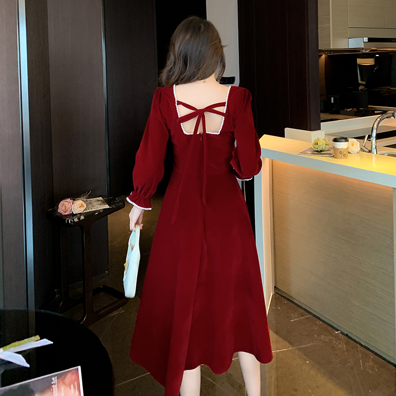 Bride wine-red dress winter evening dress for women