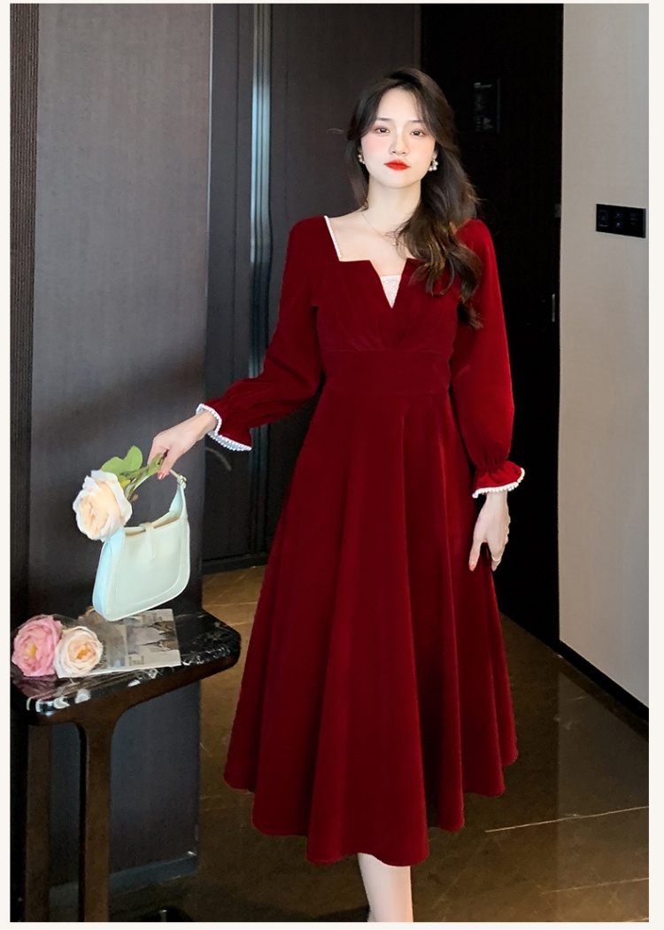 Bride wine-red dress winter evening dress for women