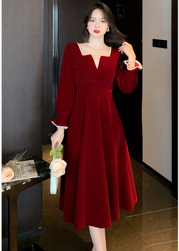 Bride wine-red dress winter evening dress for women