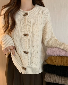 Retro horn buckle coat Korean style twist sweater for women