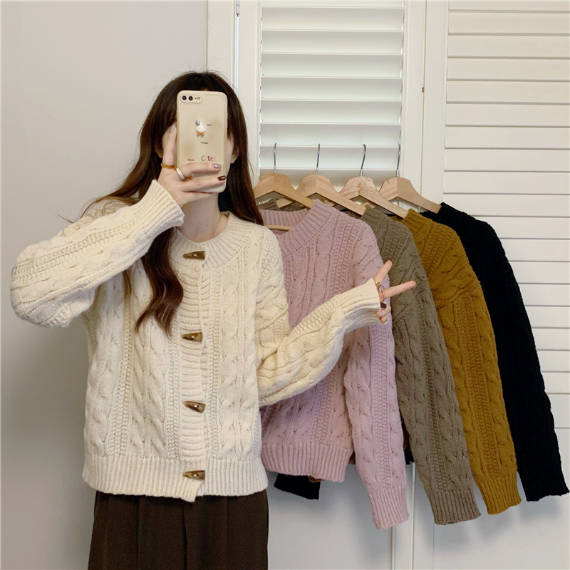 Retro horn buckle coat Korean style twist sweater for women