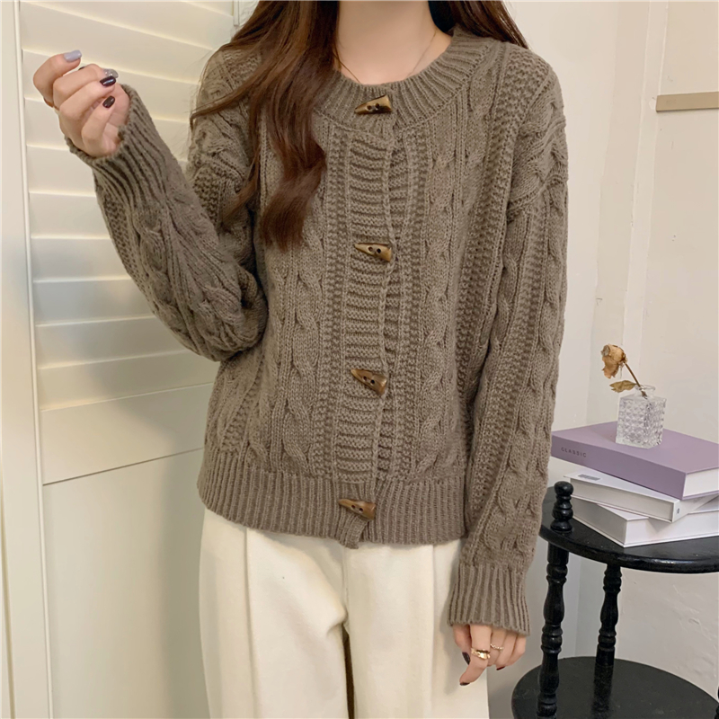 Retro horn buckle coat Korean style twist sweater for women