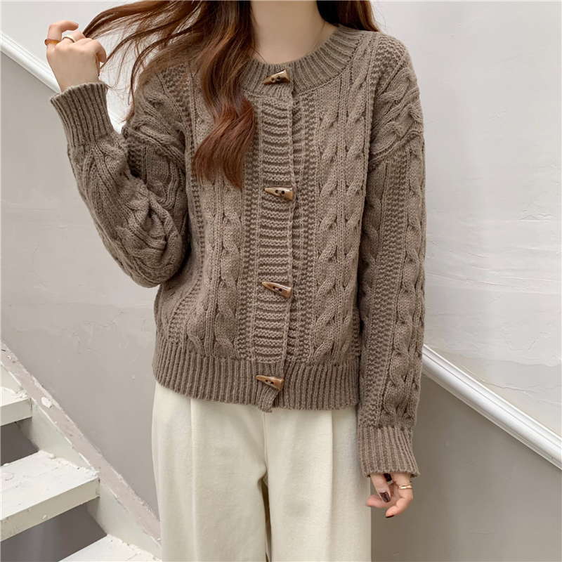 Retro horn buckle coat Korean style twist sweater for women